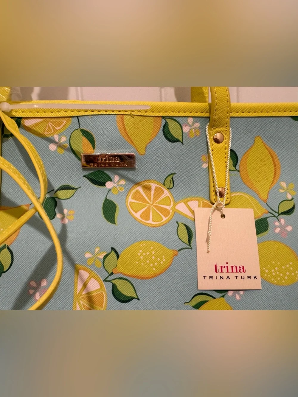 NWT Trina Turk Lemon Print Tote with Yellow Pouch